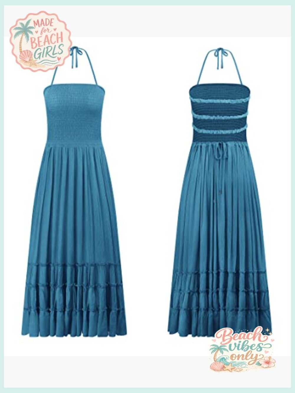 Boho Backless Maxi Dress with Smocked Bodice - Sleeveless Halter - Picture 6 of 7